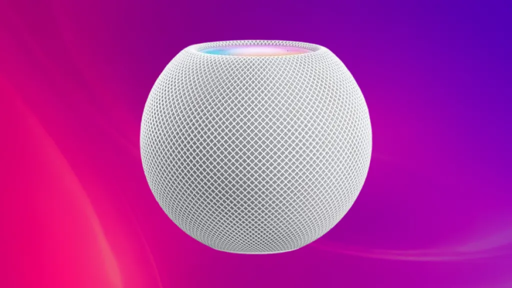 Isolated image of a white Apple HomePod on a purple background