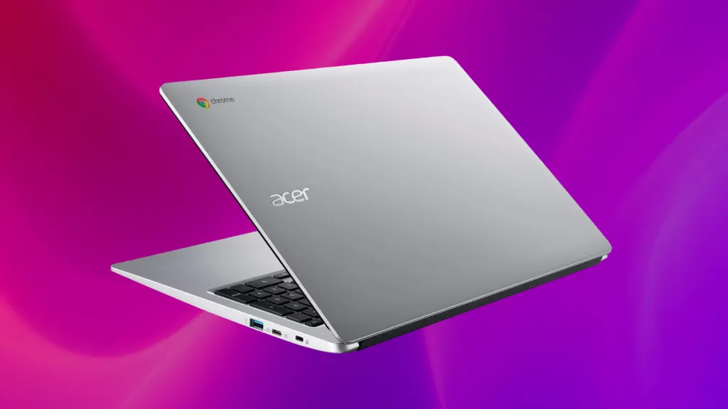 Isolated product image of a silver Acer Chromebook on a purple background