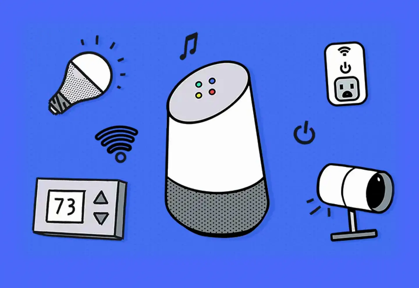 A lightbulb, clock, speaker, alexa, and a smart tv remote