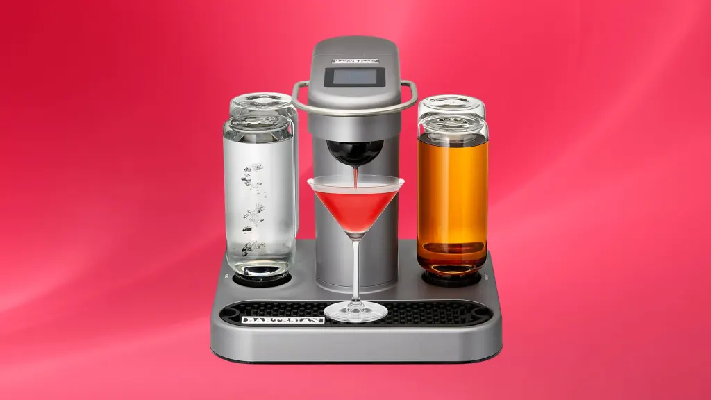 Isolated product image of a Bartesian cocktail machine on a red background