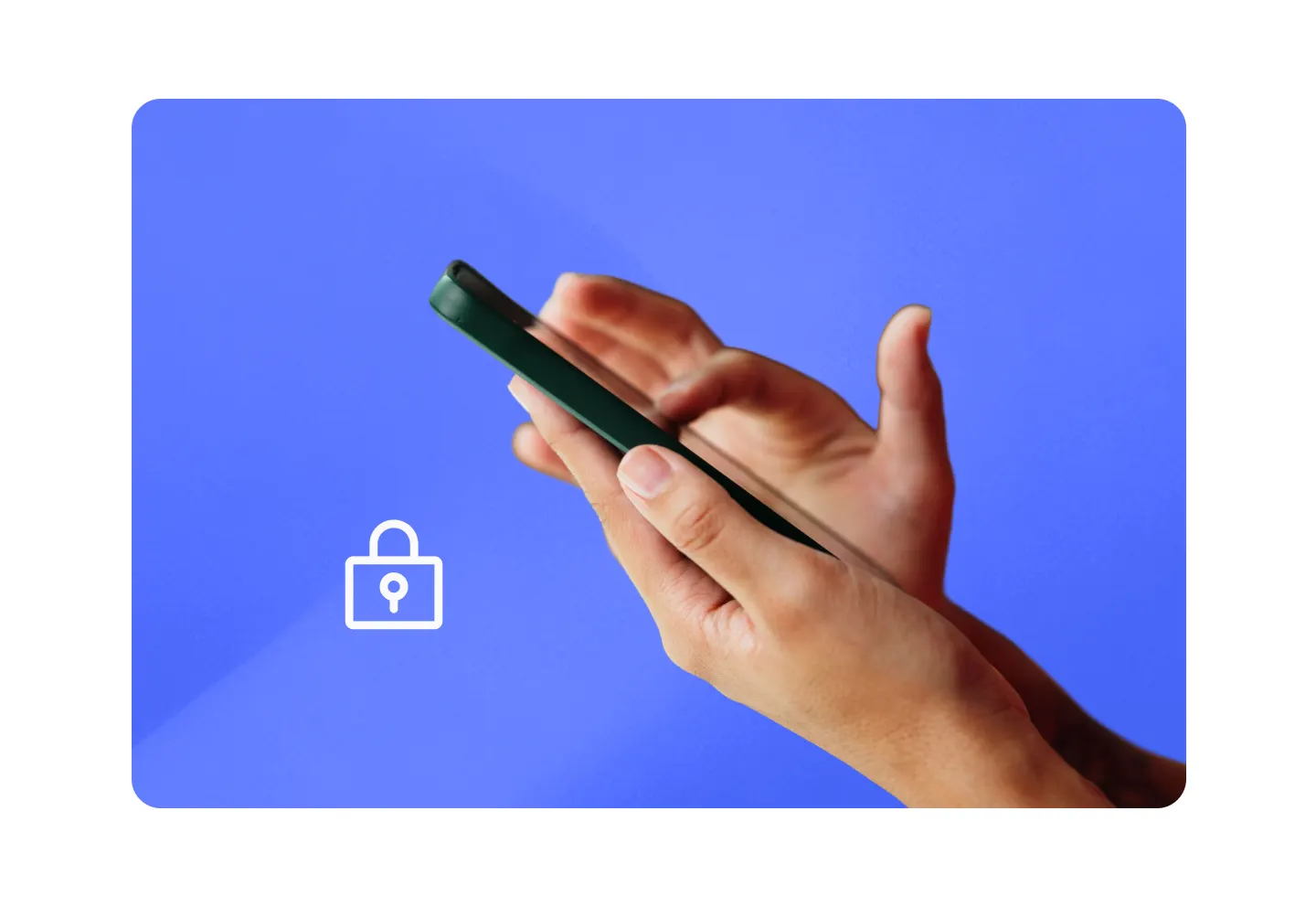 Person using a smartphone with a security lock icon, representing mobile privacy, device security, and protecting personal information.