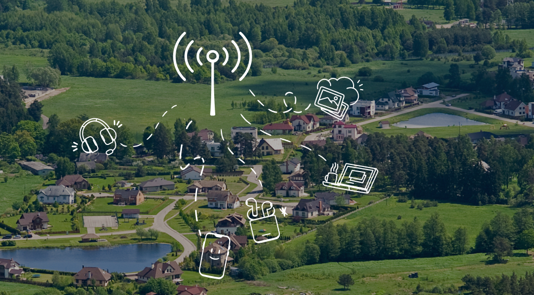 A rural landscape with scattered homes featuring an illustration of Internet and connected tech expansion