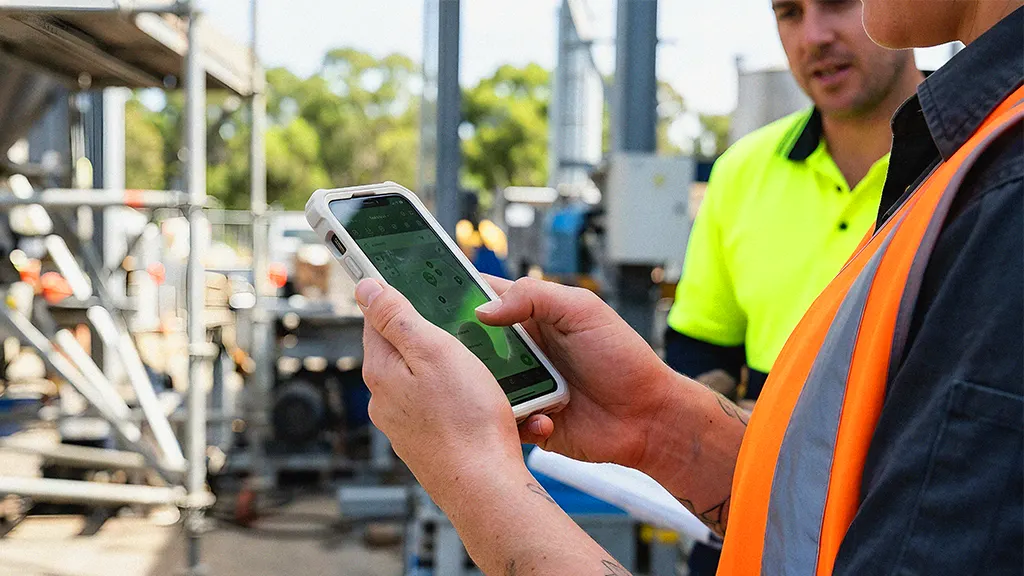 Man on construction site using phone with a protective case on it
