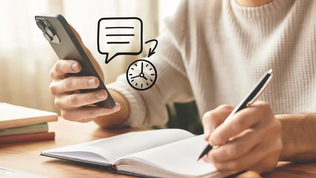 Person scheduling a text on iPhone