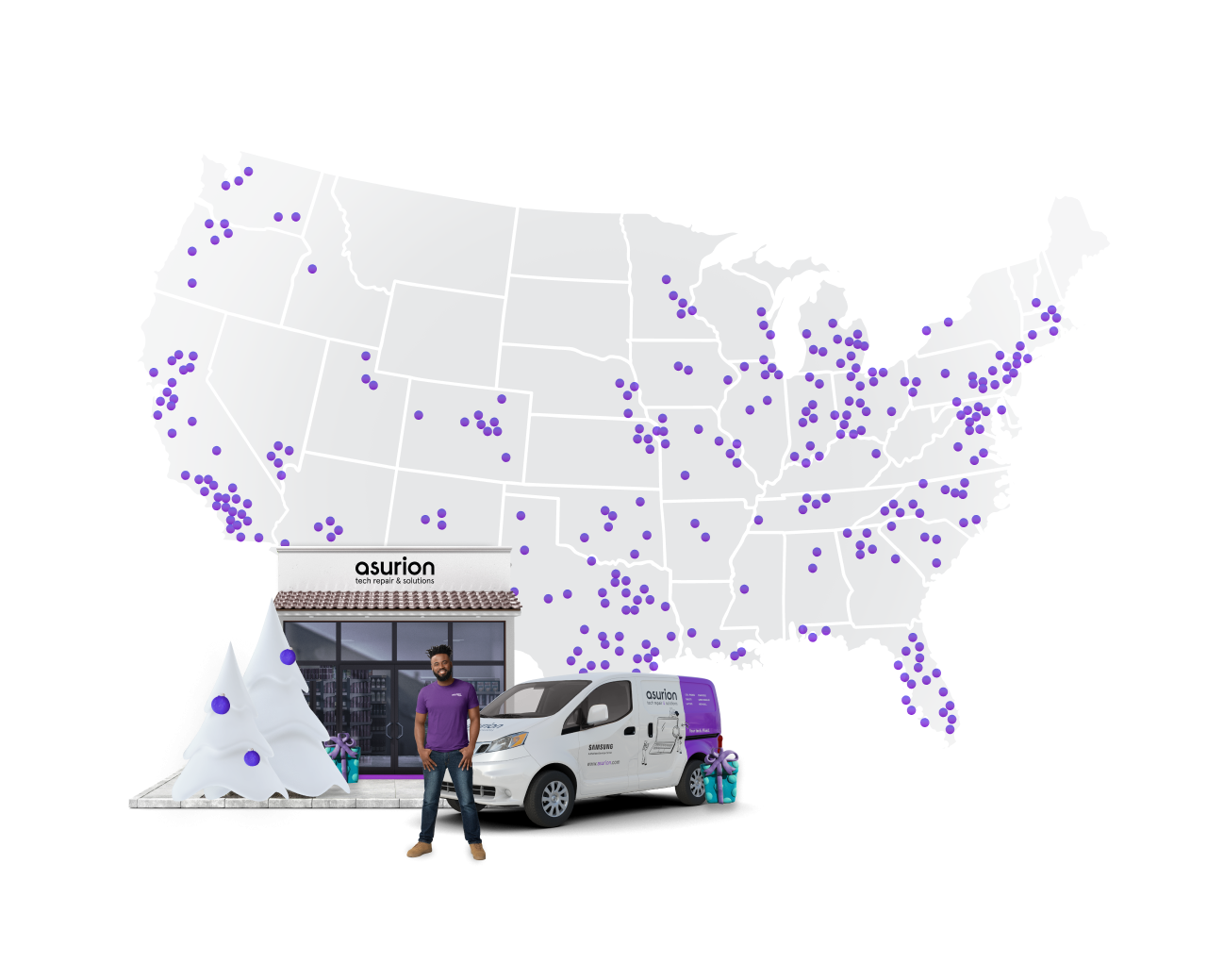 U.S. map with Asurion locations, a holiday tree, and a tech expert with his van