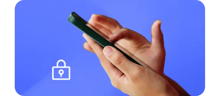Person using a smartphone with a security lock icon, representing mobile privacy, device security, and protecting personal information.