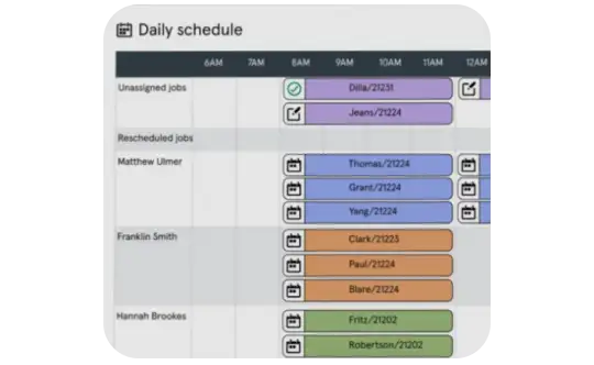 A daily schedule screen showing assigned repair jobs and time slots for multiple technicians