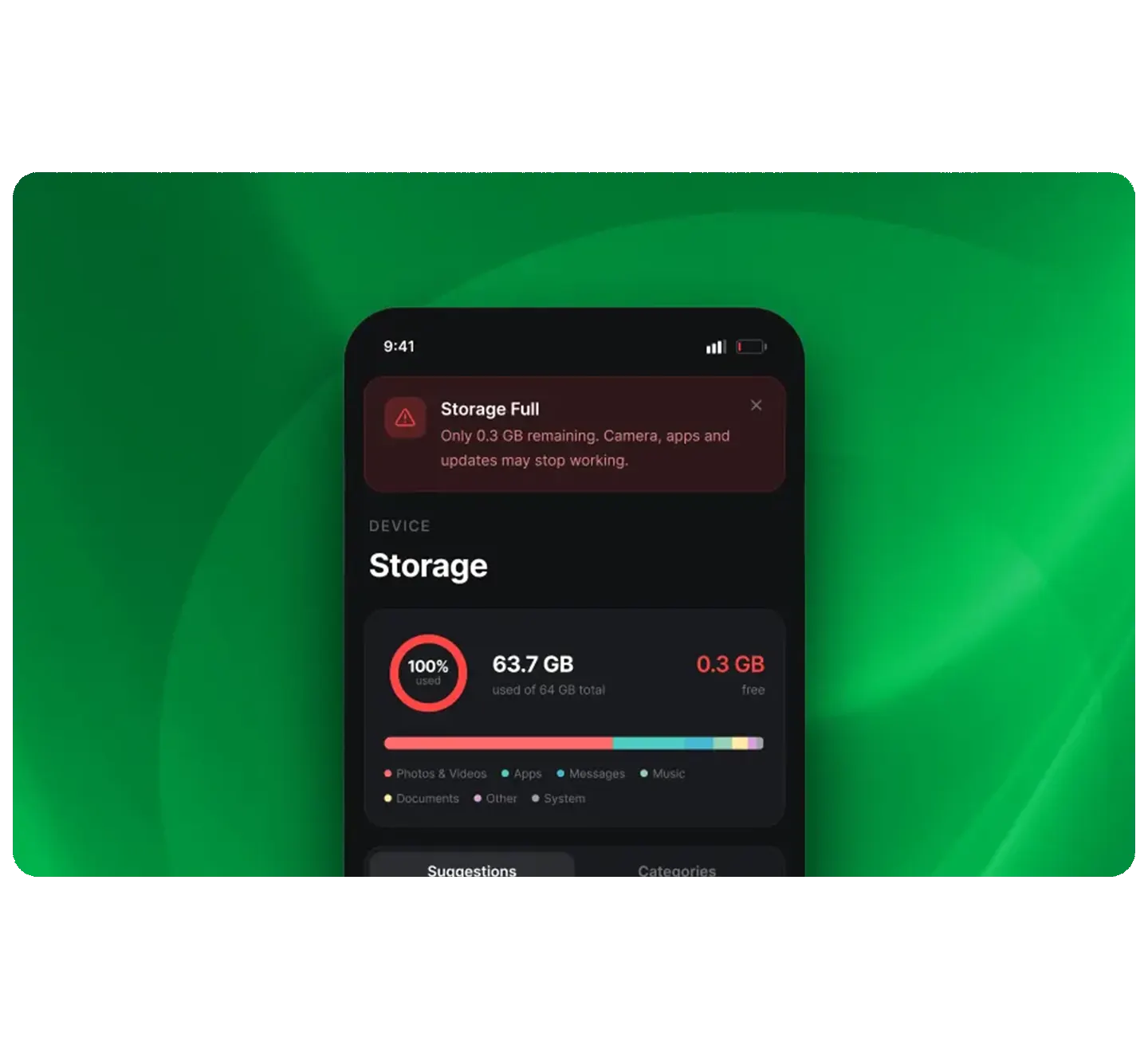 Phone showing full storage