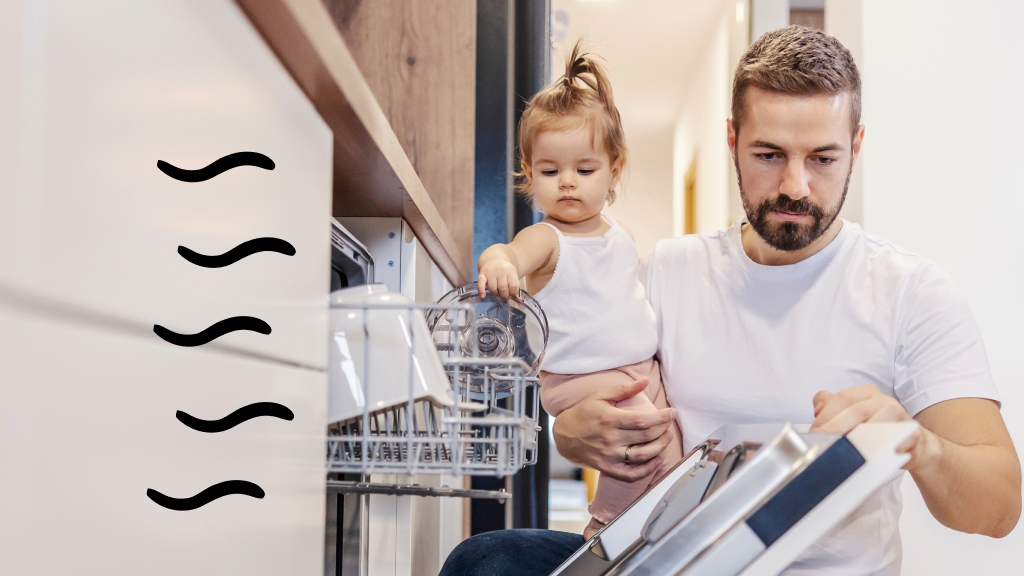Man with young daughter opening smelly dishwasher