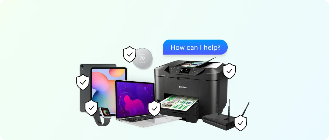 Home tech with protection shield and 'How can I help?' bubble
