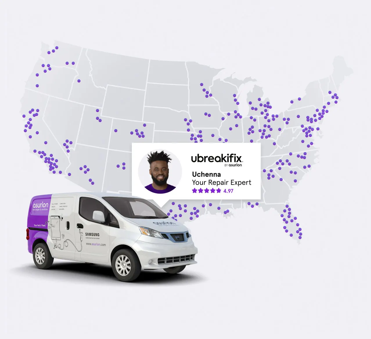 Asurion and uBreakiFix store locations, experts and mobile services with gray background