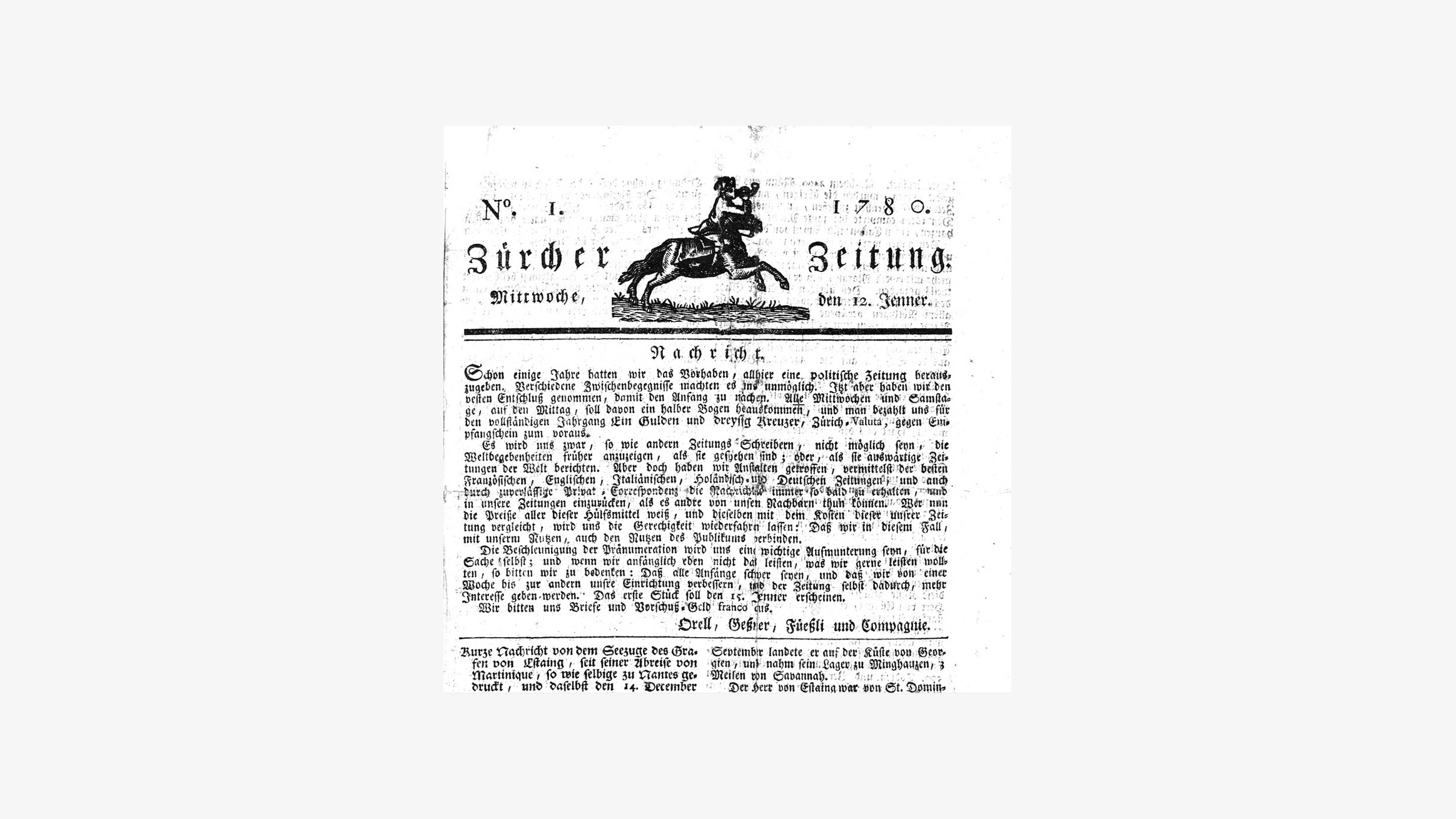 Neue Zürcher Zeitung, Nummer 1, 12. Januar 1780 Neue Zürcher Zeitung, Nummer 1, 12. Januar 1780