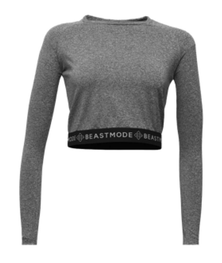 A Beast Mode grey women’s athletic top.