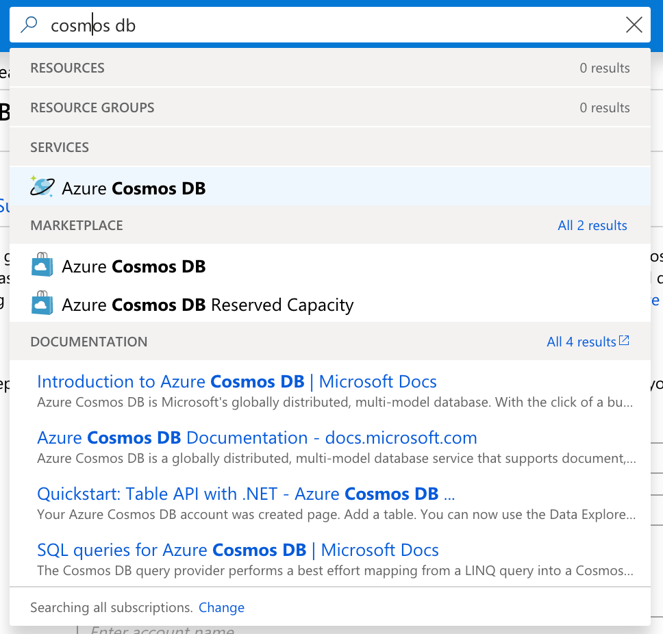 Azure Cosmos DB service list