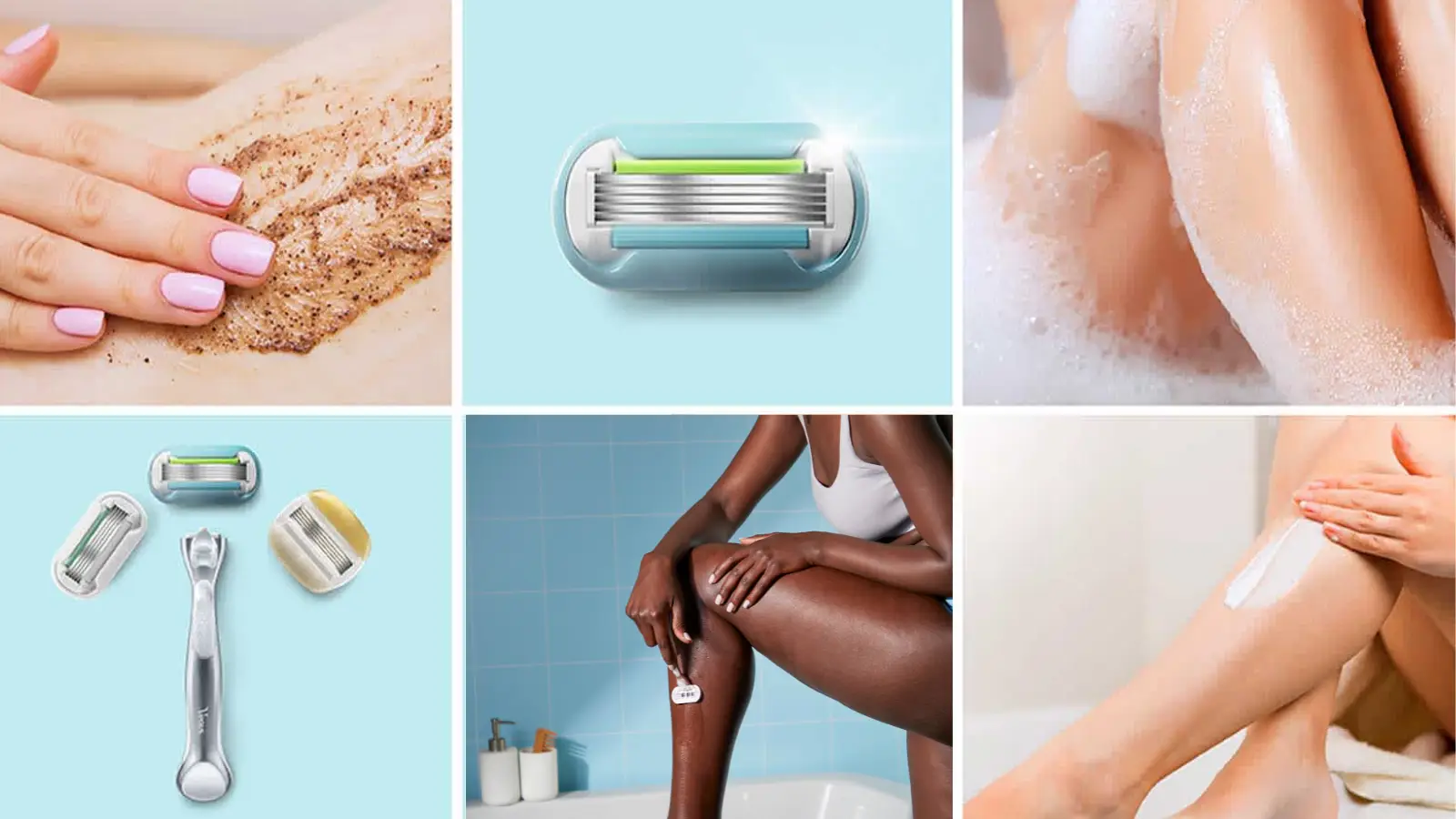 Woman applying brown scrubbing product to her skin, oval 5 bladed razor head with a blue lubastrip, female legs in a bubbly bath, silver razor with three detached oval razor heads above it, woman shaving her leg with a razor, woman applying cream to her leg
