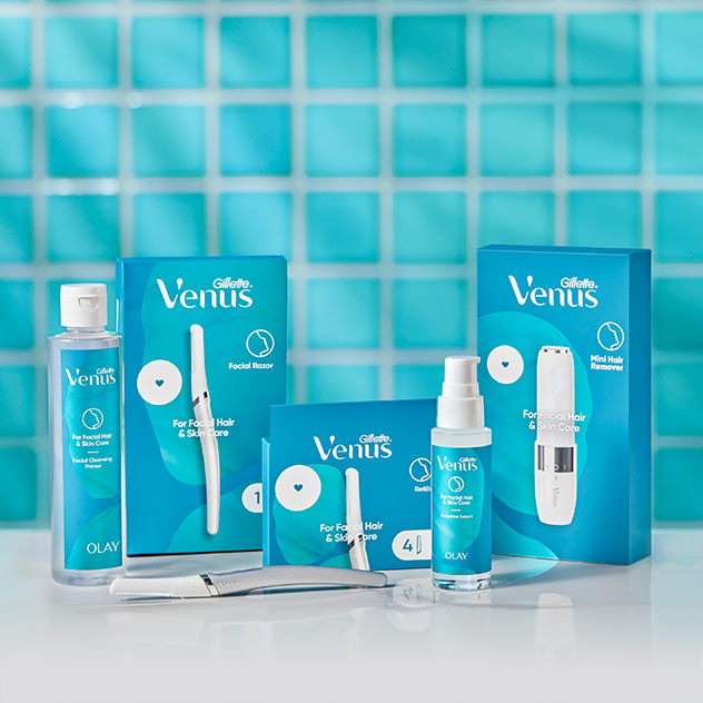 Gillette Venus Facial care products line up: Primer, Razor, Refill, Serum, Trimmer