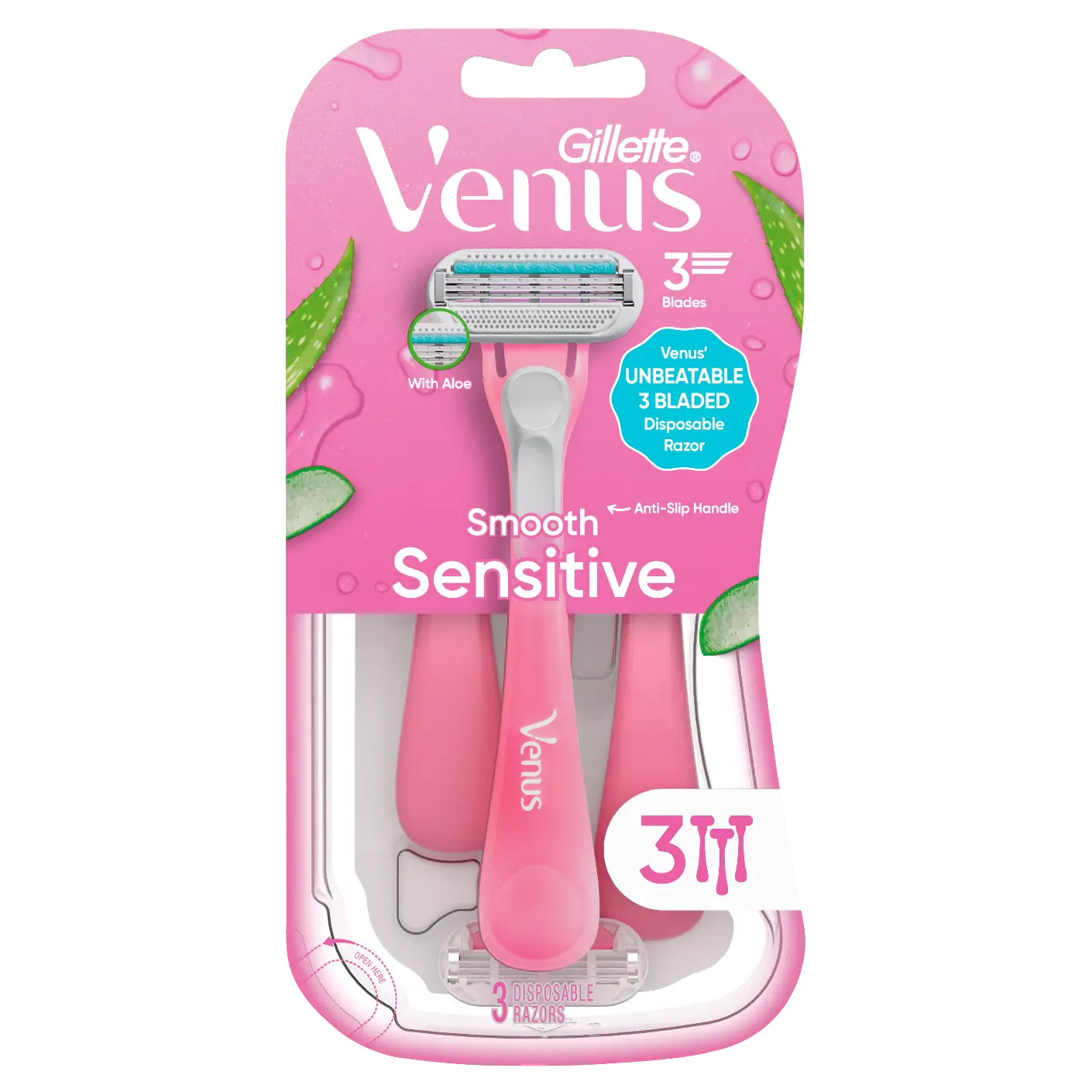 Gillette Venus Smooth Sensitive disposable razor pack with three pink razors featuring three blades, designed for gentle shaving on sensitive skin.