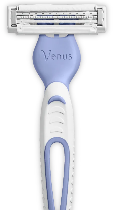 Close‑up of Gillette Venus Pubic Hair & Skin Disposable Razor with blue and white handle.