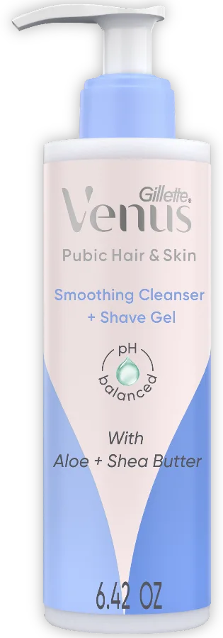 Gillette Venus Smoothing Cleanser and Shave Gel bottle with aloe and shea butter.