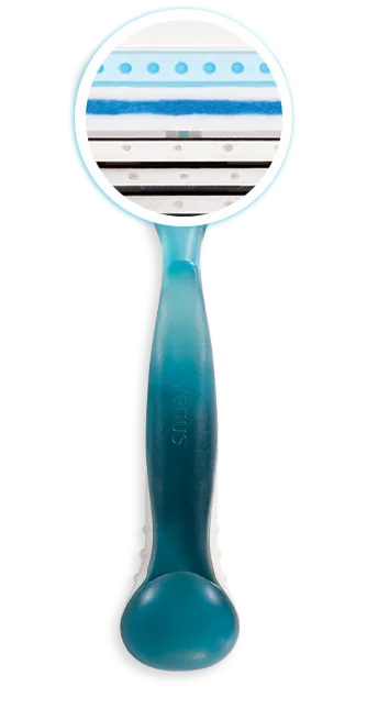 Dark blue refillable razor with a zoom-in segment of its lubastrip glide