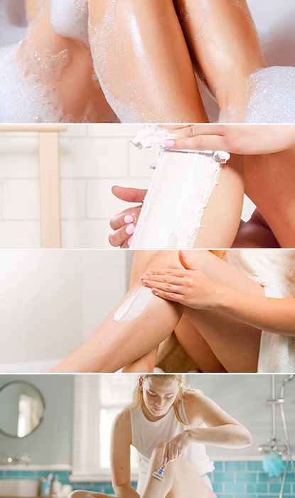 Collage of 4 images with women in the bathroom