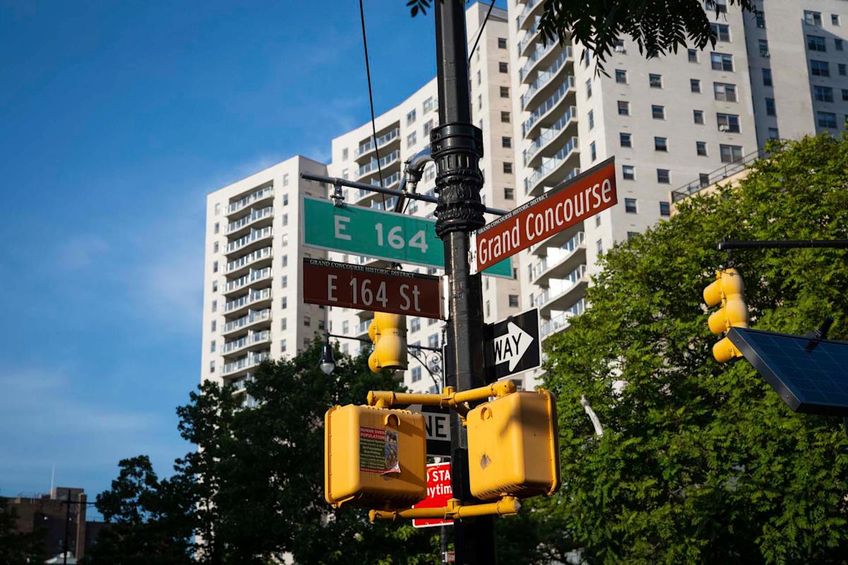 Street signs for E 164 St and Grand Concourse on a pole with traffic lights, trees, and tall apartment buildings against a blue sky in the background.