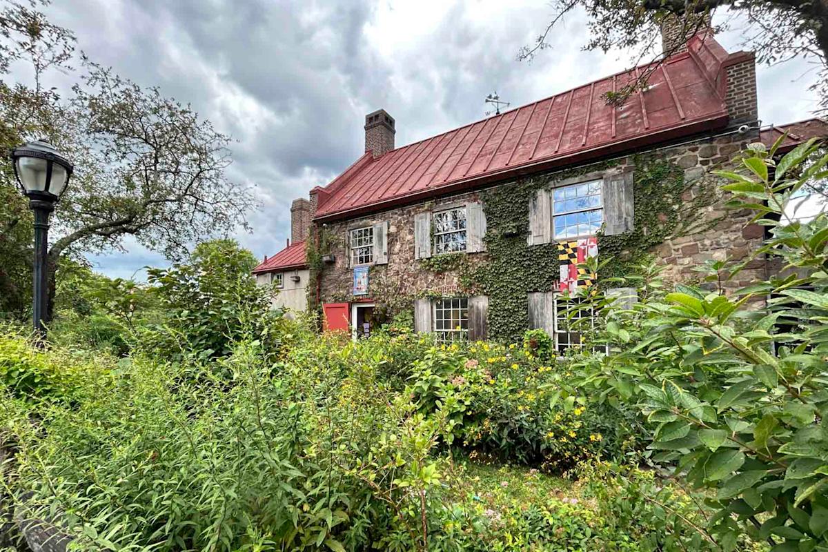 A charming stone house covered in green ivy, with a red metal roof and brick chimneys, surrounded by lush greenery and wildflowers. A lamp post stands nearby, and the sky is cloudy, giving the scene a cozy and serene atmosphere.