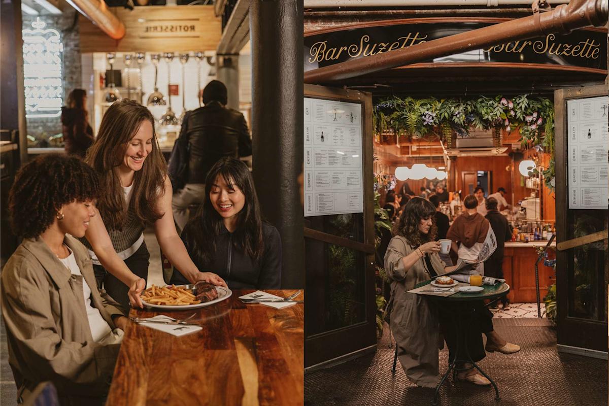 Split image: On the left, a woman serves fries to two smiling people at a wooden table inside a cozy restaurant. On the right, a woman enjoys food and drinks alone at a small table outside Bar Suzette.