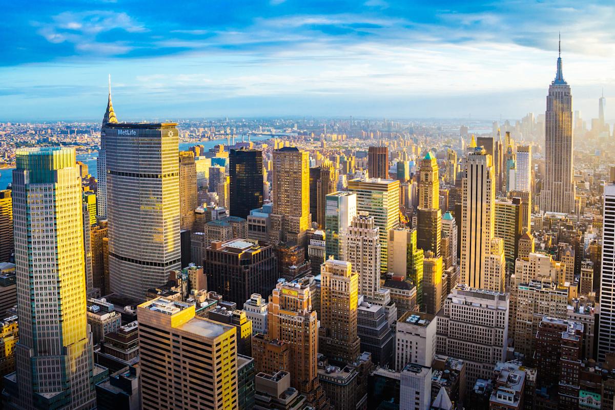 View of Empire State and Lower Manhattan from Top of the Rock Observation Deck in Manhattan, NYC