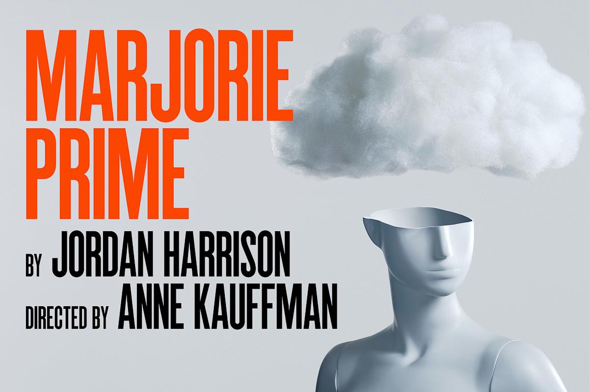 A headless mannequin with a cloud where its head should be. Text in bold reads: "Marjorie Prime by Jordan Harrison, directed by Anne Kauffman." The background is gray.
