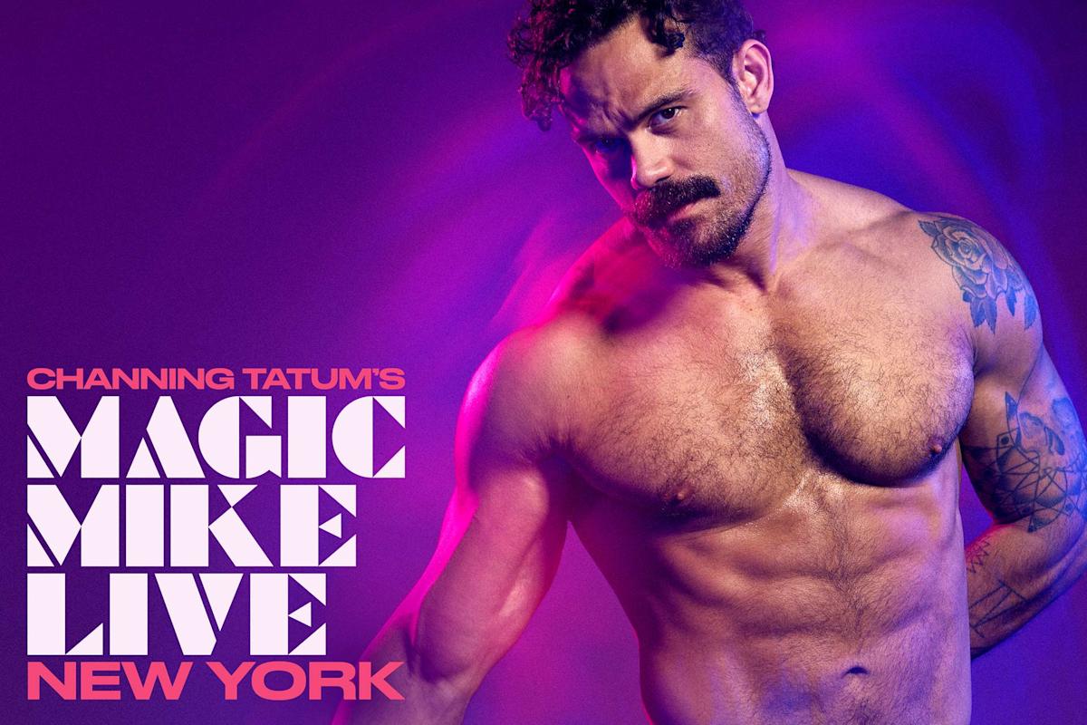 Shirtless, muscular man with a mustache poses against a purple background. Bold text reads: "Channing Tatum's Magic Mike Live New York.