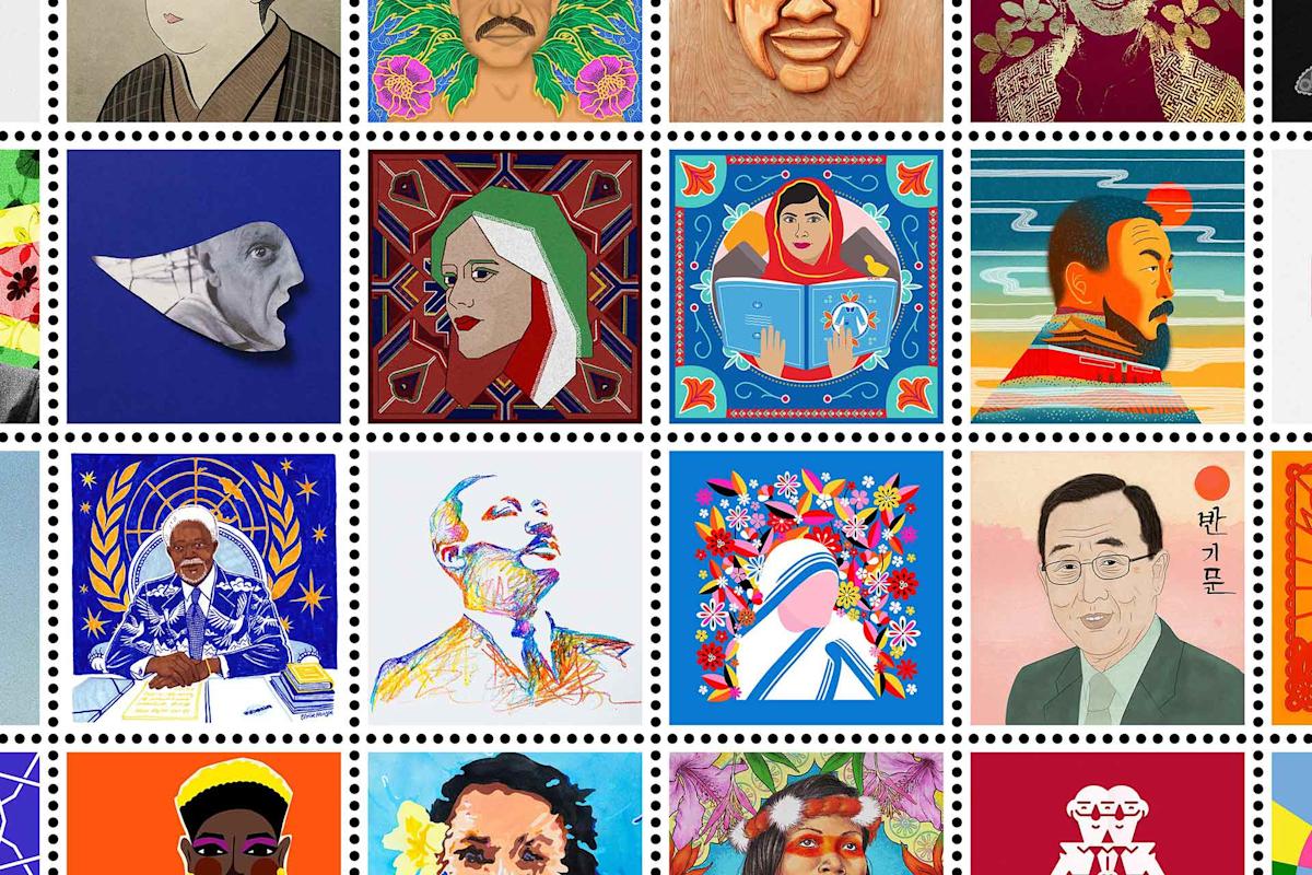 A grid of colorful illustrated portraits, each in a square frame, featuring diverse people in various artistic styles and backgrounds, separated by dotted lines resembling postage stamps.