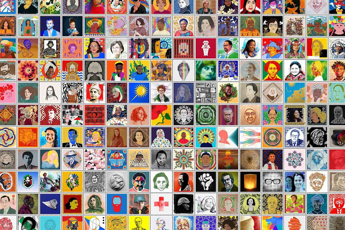 A collage of colorful postage stamp-style portraits featuring diverse people, abstract designs, flowers, historical figures, and cultural symbols arranged in a vibrant, grid-like pattern.