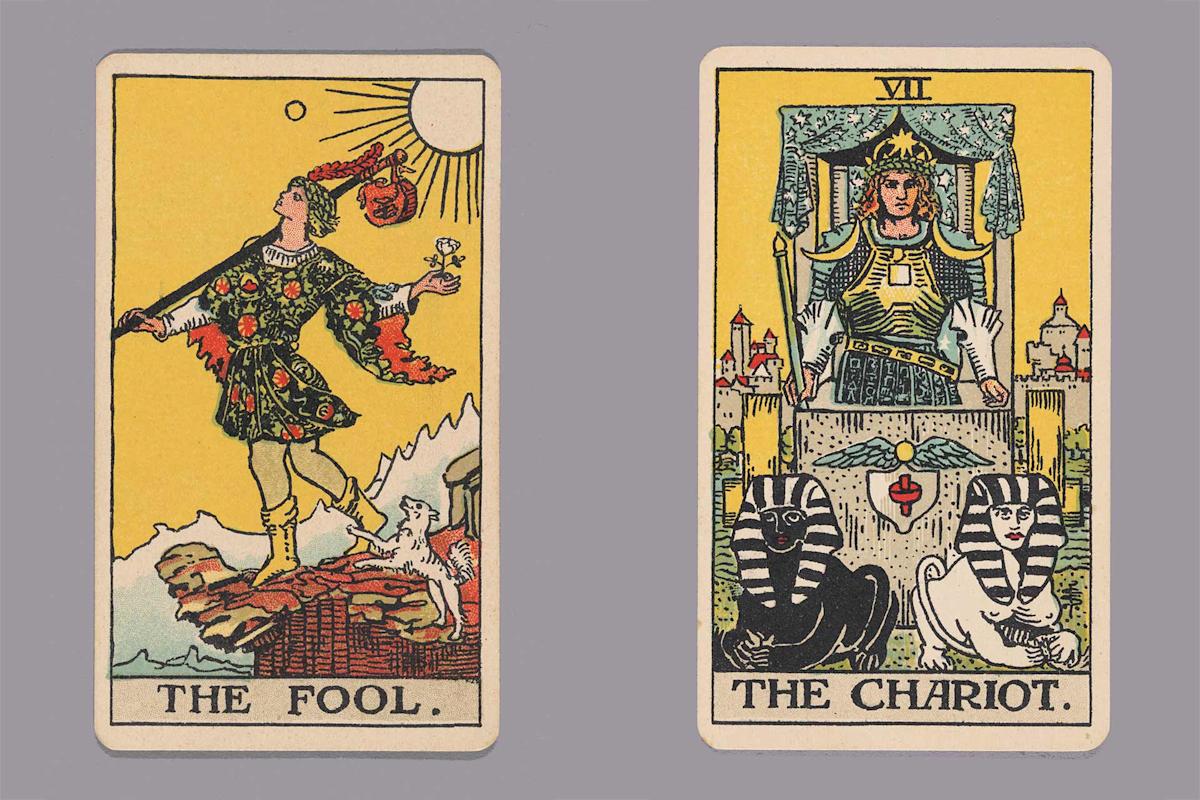 Two tarot cards: The Fool, depicting a carefree figure near a cliff holding a white rose and a bag; and The Chariot, showing a determined figure in armor riding a chariot pulled by a black and a white sphinx.