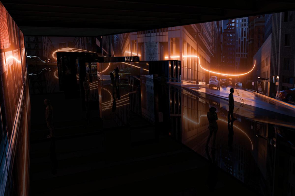 A dark room with reflective floors and walls displays a digital cityscape with glowing orange light trails, cars, and tall buildings, while several people stand and observe the immersive projection.