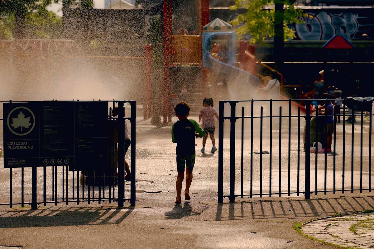 A child enters a playground where several children play in water mist on a sunny day. Sunlight creates reflections on the wet ground, and a playground sign and gate are visible in the foreground.