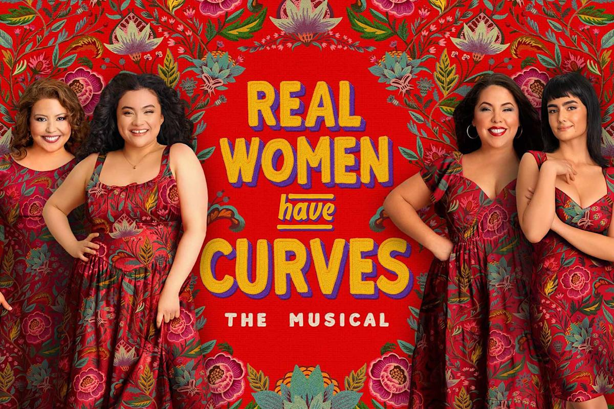 Four smiling women wearing matching red floral dresses stand in front of a vibrant, floral red background. Bold yellow text beside them reads, "REAL WOMEN have CURVES THE MUSICAL.