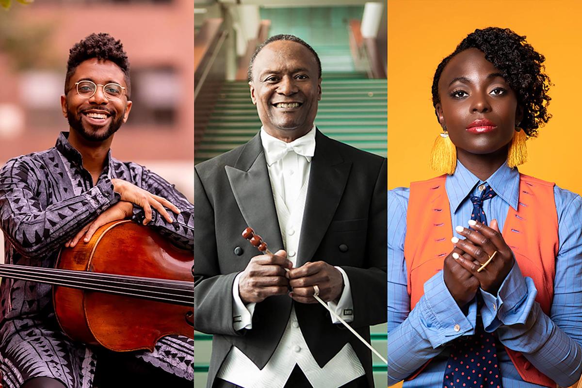 Individual portraits of Seth Parker Woods, Thomas Wilkins, and Nathalie Joachim