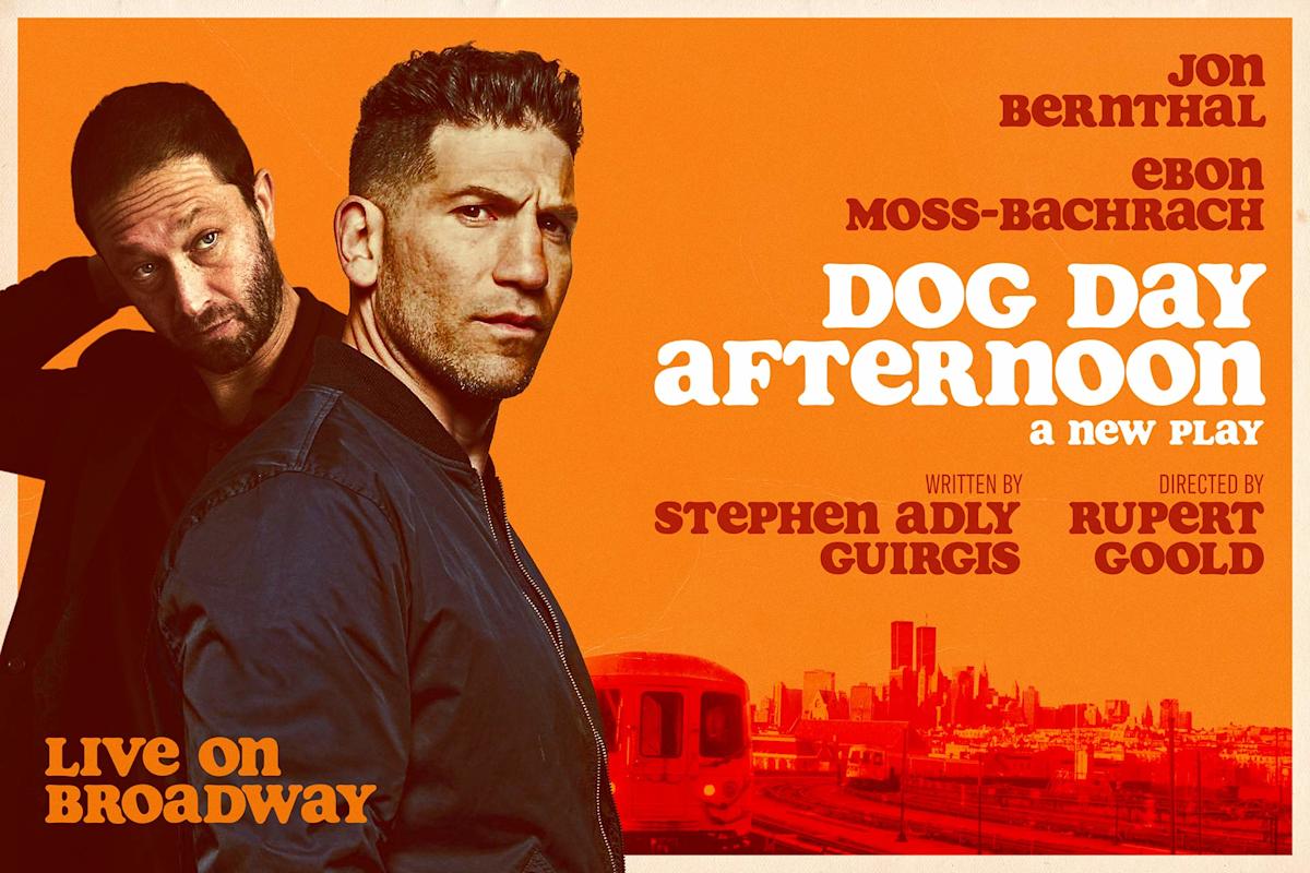 Two men stand against an orange background with cityscape and subway train. Text reads: "DOG DAY AFTERNOON, a new play," starring Jon Bernthal and Ebon Moss-Bachrach. Written by Stephen Adly Guirgis, directed by Rupert Goold.