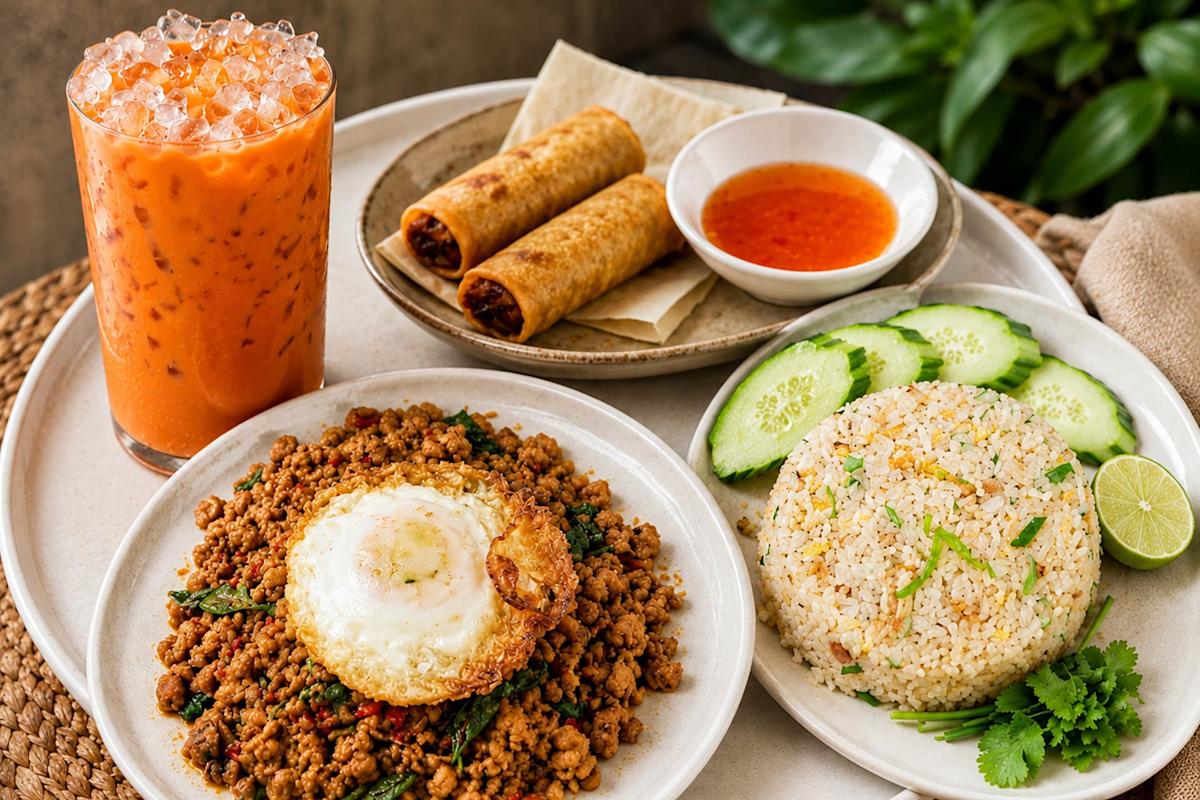 A plate of Thai basil minced pork topped with a fried egg, cucumber slices, and cilantro rice, with two spring rolls, dipping sauce, and a glass of iced Thai tea on a woven mat. Green leaves in the background.
