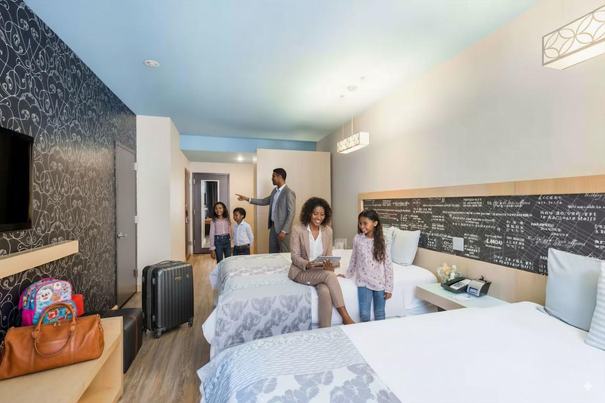 A family of five, including three children and two adults, is in a modern hotel room with two beds. Luggage and bags are on the floor and shelf. One adult sits on a bed with a tablet, others stand nearby.