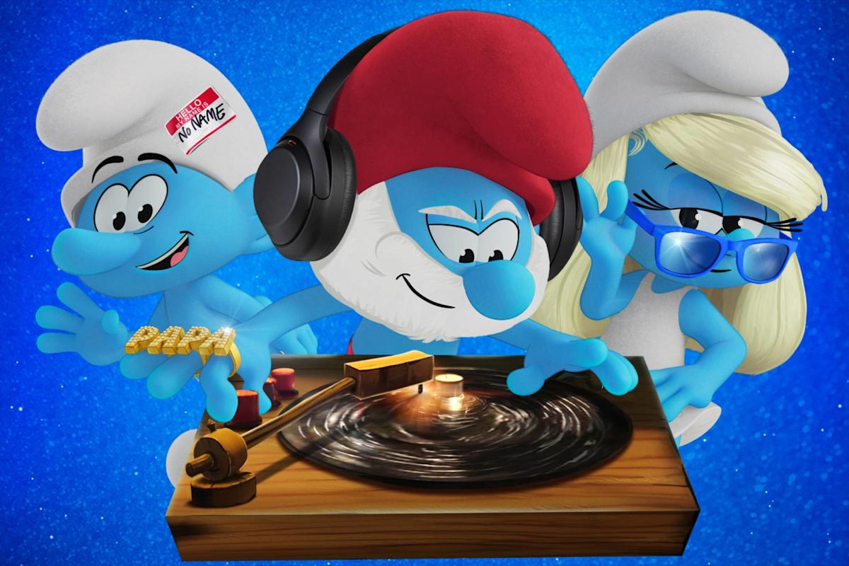 Three Smurfs dressed as hip-hop artists pose against a blue background—one DJs on a turntable, another sports a cap and gold chain, and the third wears blue sunglasses.