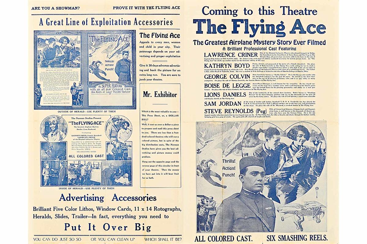 Vintage newspaper advertisement for the film "The Flying Ace," featuring cast photos, movie details, and promotional text boasting an all-Black cast, six reels, and various advertising accessories.