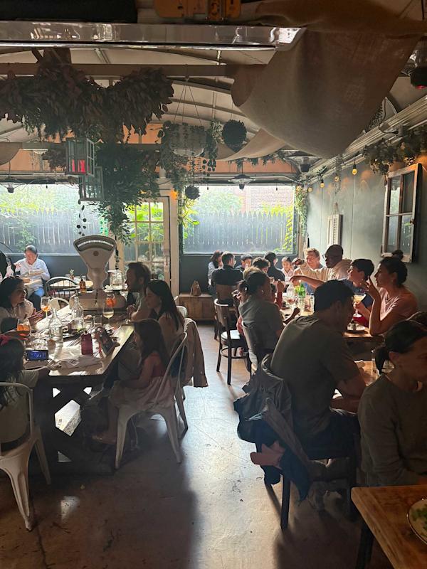 A busy restaurant with people dining at wooden tables, sunlight streaming through windows, greenery hanging from the ceiling, and a cozy, lively atmosphere.