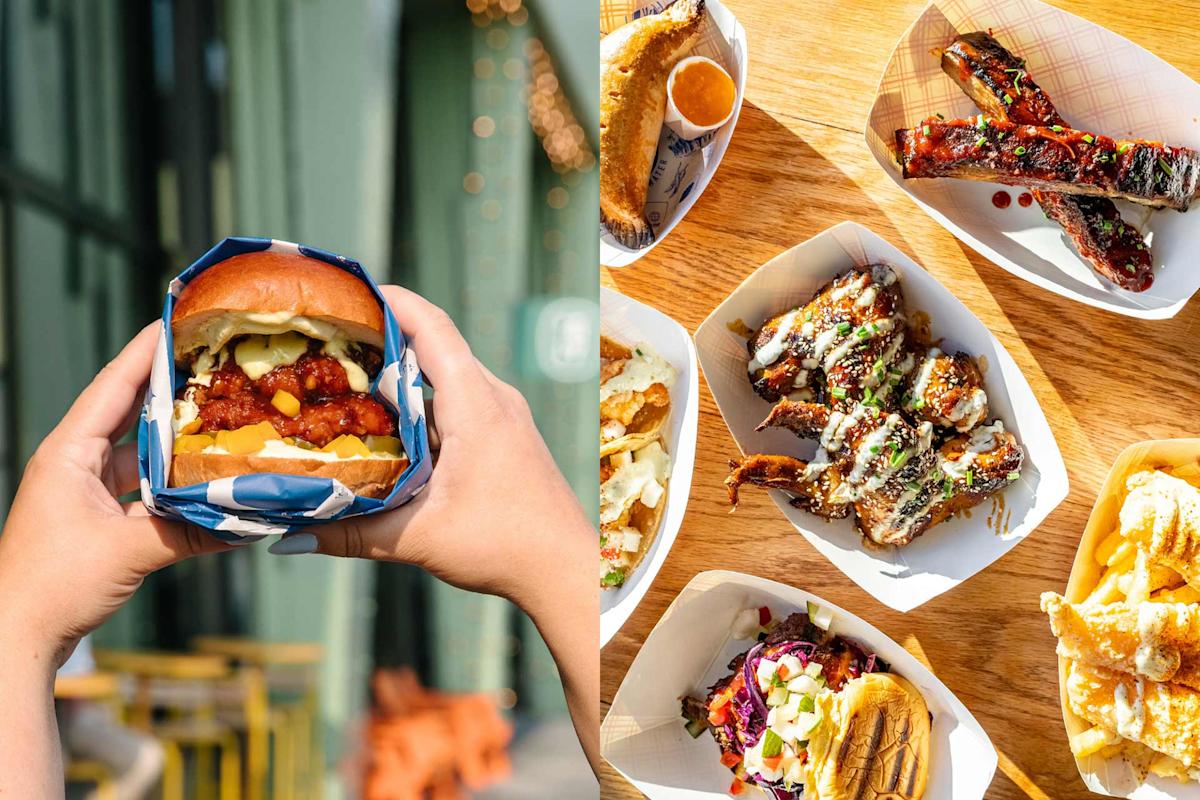 Left: Hands holding a burger with fried chicken, pickles, and sauce. Right: Overhead view of various food trays with ribs, wings, hot dogs, chips, and other barbecue dishes on a wooden table.