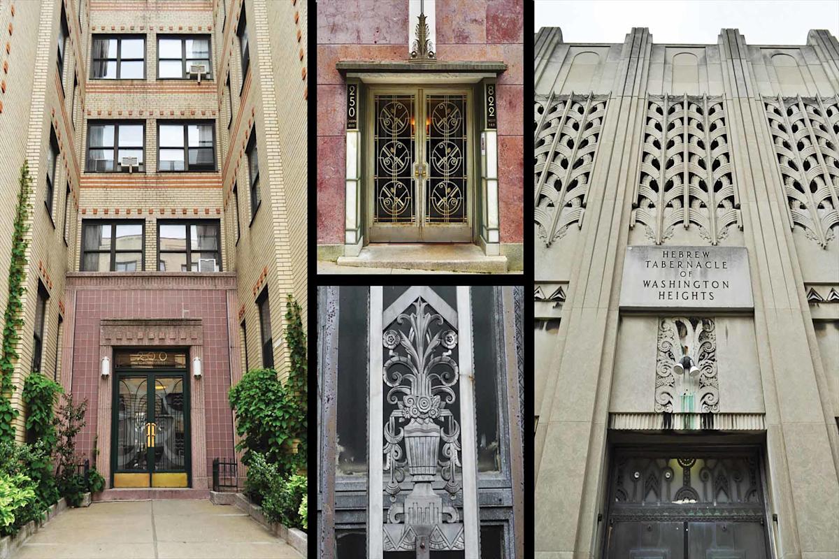 Collage of architectural details: Left shows a brick apartment entrance with greenery. Center includes ornate ironwork on a door. Right has an Art Deco facade of the Hebrew Tabernacle in Washington Heights with intricate patterns.