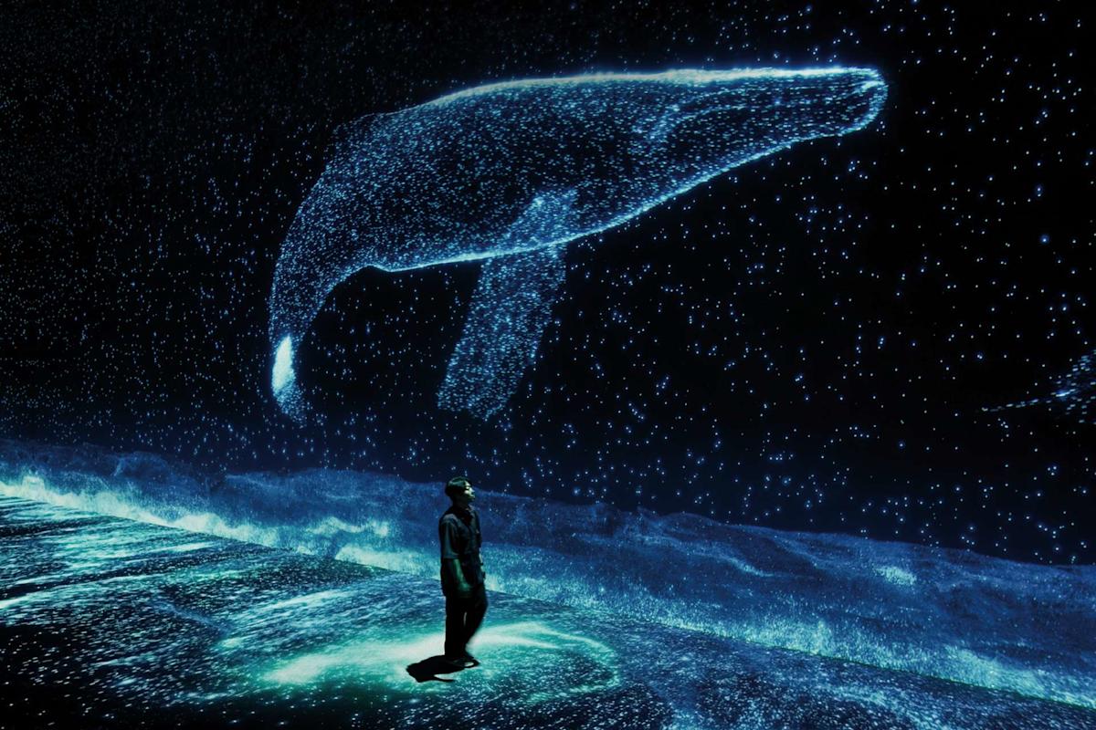A person stands on a glowing surface, gazing up at a large, luminous whale made of blue light particles floating above them against a starry, dark background.