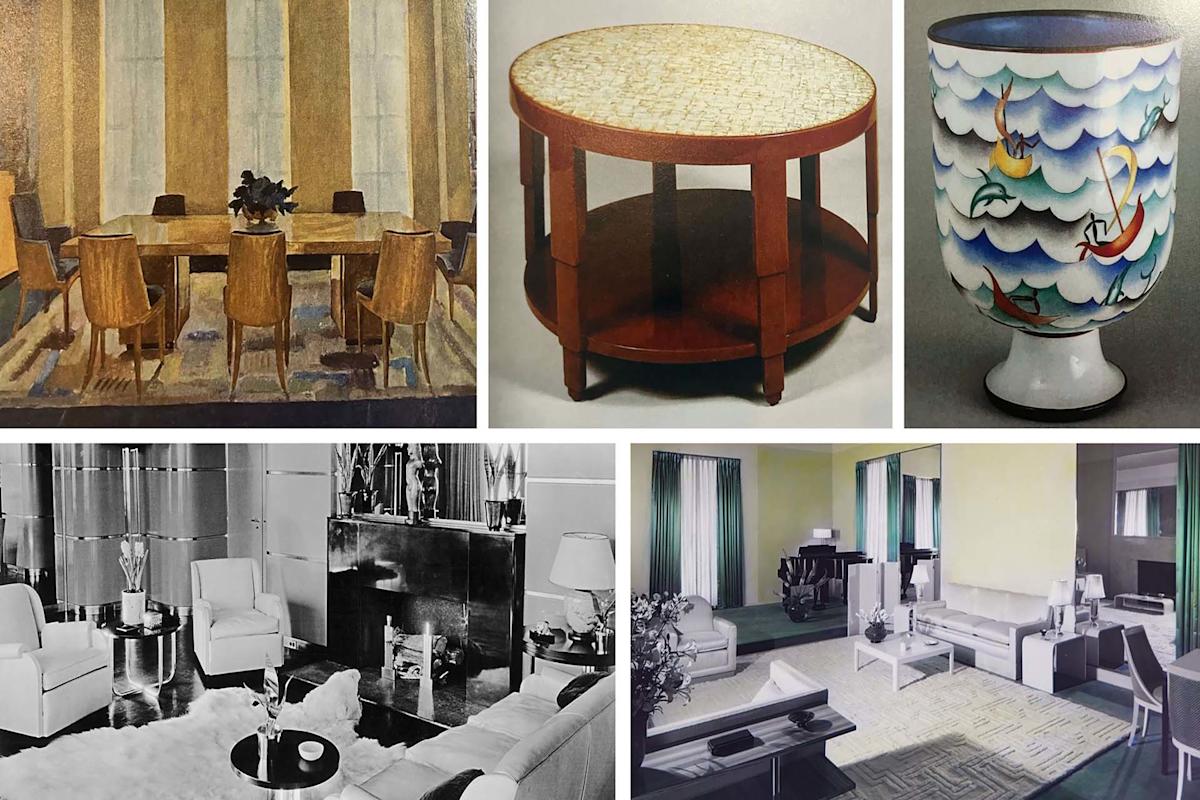 Collage of interior designs and furniture: an art deco dining room, a round wooden table, a vase with nautical designs, a black and white living room, and a modern lounging area with white sofas and green curtains.