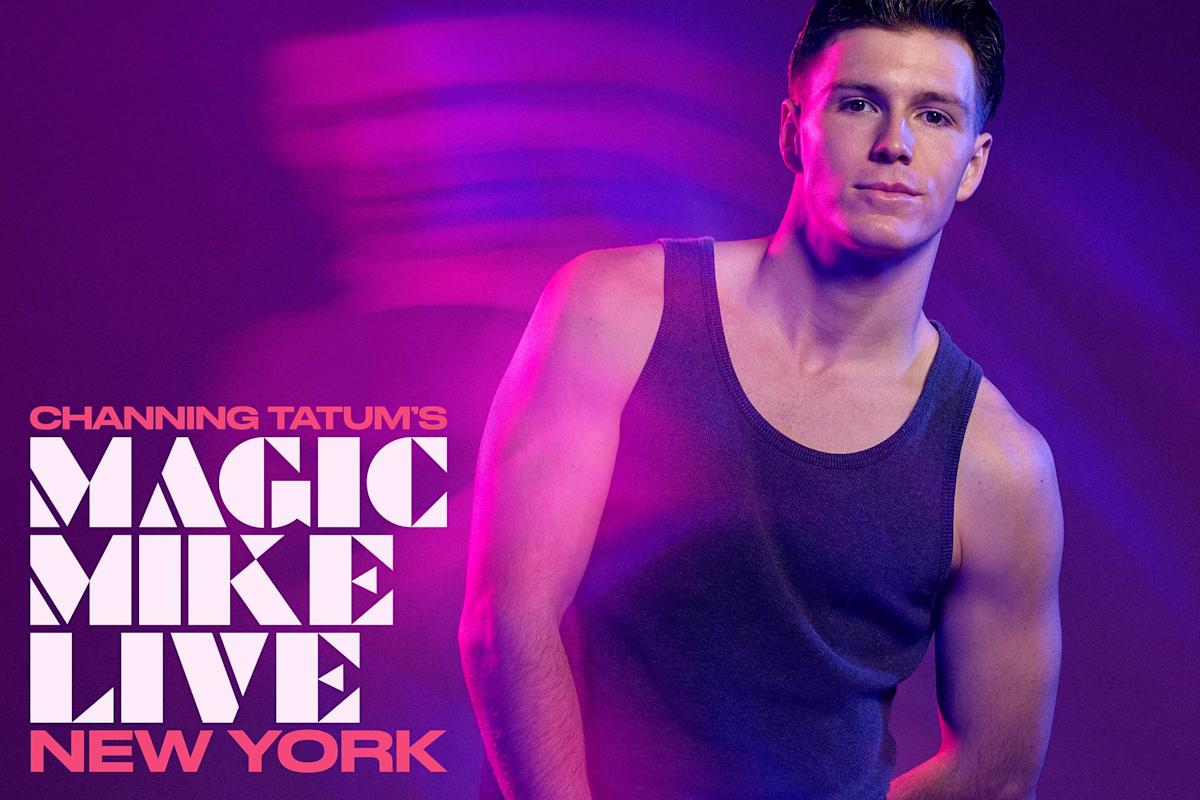A man in a sleeveless shirt poses confidently against a purple and pink background. Text reads: "Channing Tatum's Magic Mike Live New York.