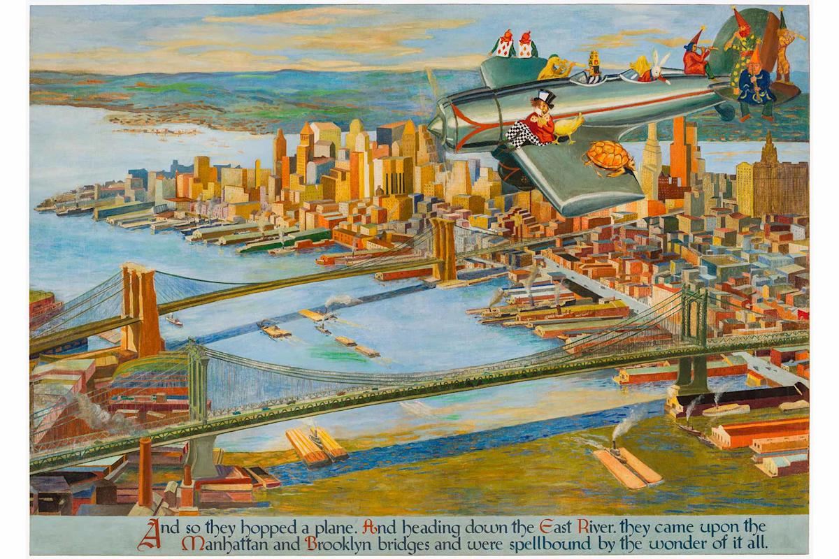 A whimsical painting shows people riding a large toy airplane above the Brooklyn and Manhattan Bridges, with the New York City skyline in the background. A storybook caption appears along the bottom edge.
